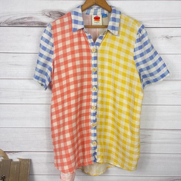 Anthropologies Farm Rio Surf‎ Buttondown Short Sleeve Plaid Linen Blend Sz Small - Picture 1 of 7